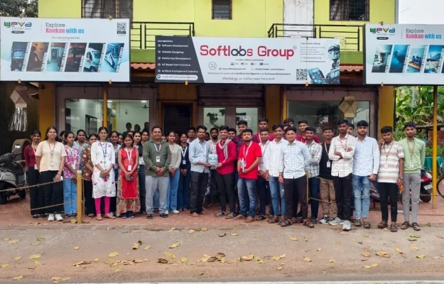 Students and faculty gathered outside the Softlabs Group Malvan Development Centre.