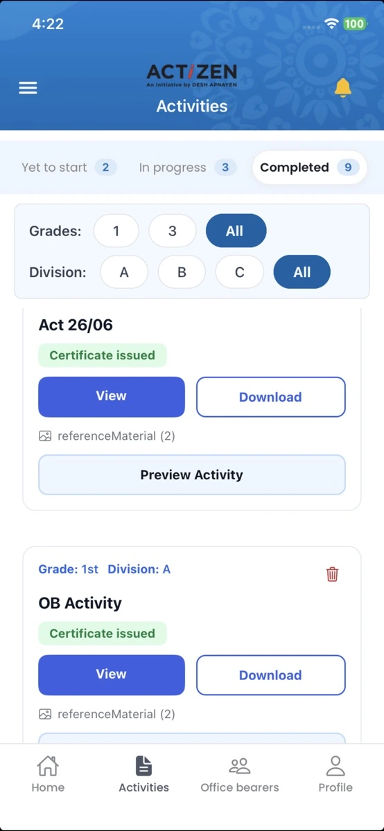Official app-store screenshot showing programme activities