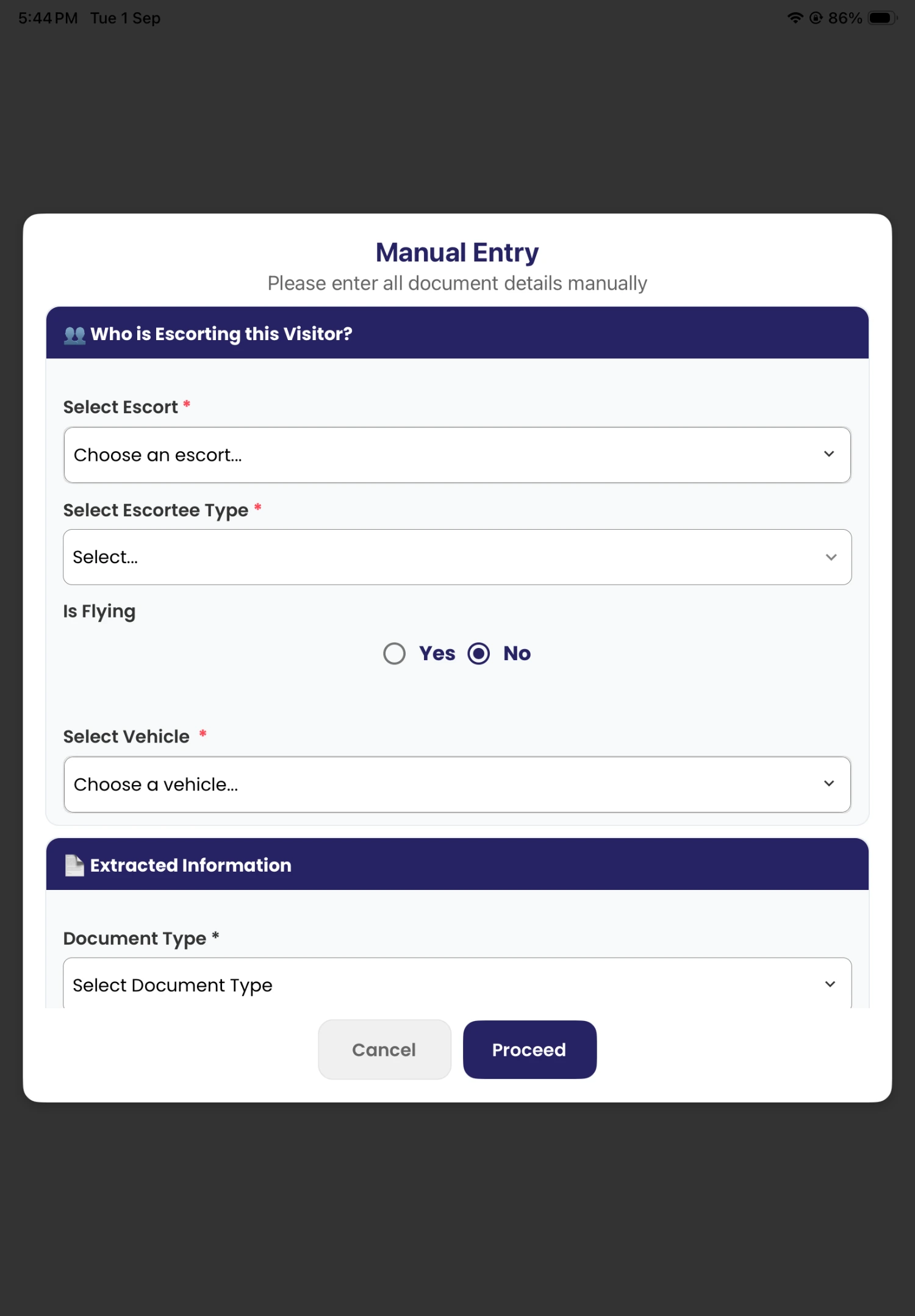 Supplied checkpoint app screenshot showing manual document entry