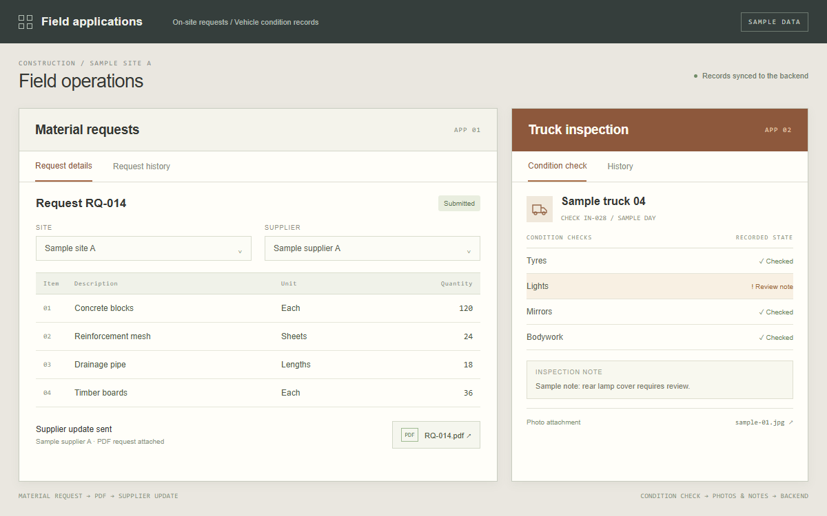 Interface illustration with sample data showing two dedicated field-work applications: material requests with quantities, supplier updates and a PDF reference, alongside truck condition checks, notes and a photo reference.